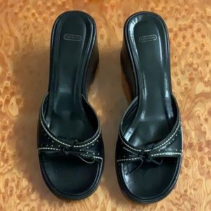Authentic COACH Black Leather Brogue Style Wedge Sandals with Dart-a Bow, Size 7